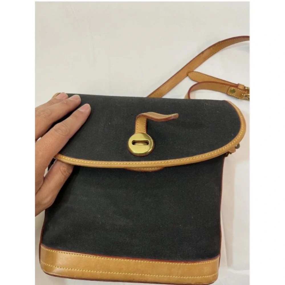 Dooney & Bourke Black Canvas/ Light Tan Leather Medium Flap Crossbody Bag Purse